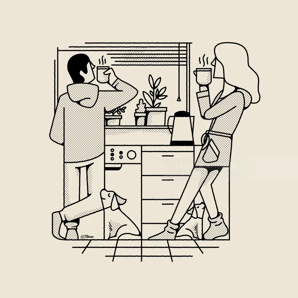 Line art of couple drinking coffee
