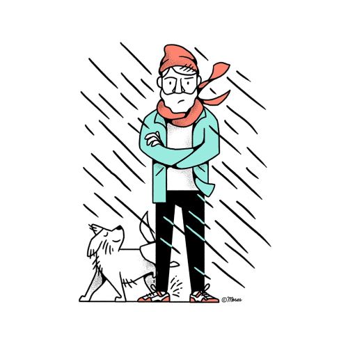 Cartoon & Humor man with dog in rain
