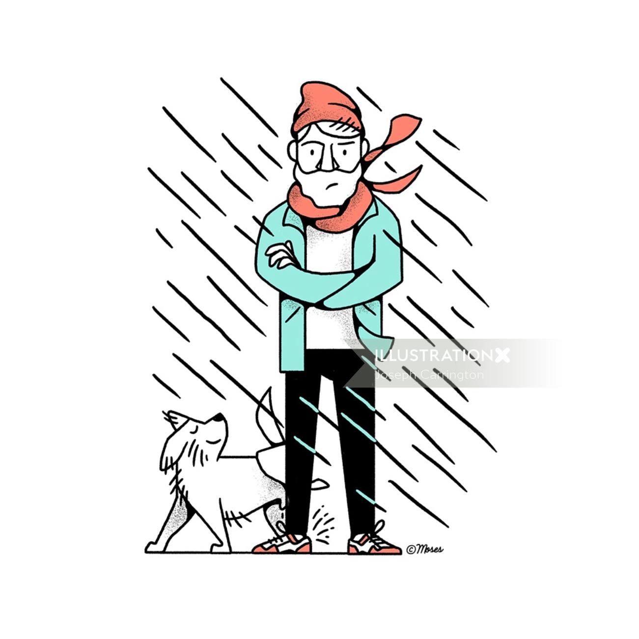 Homem de desenho animado e humor com cachorro na chuva