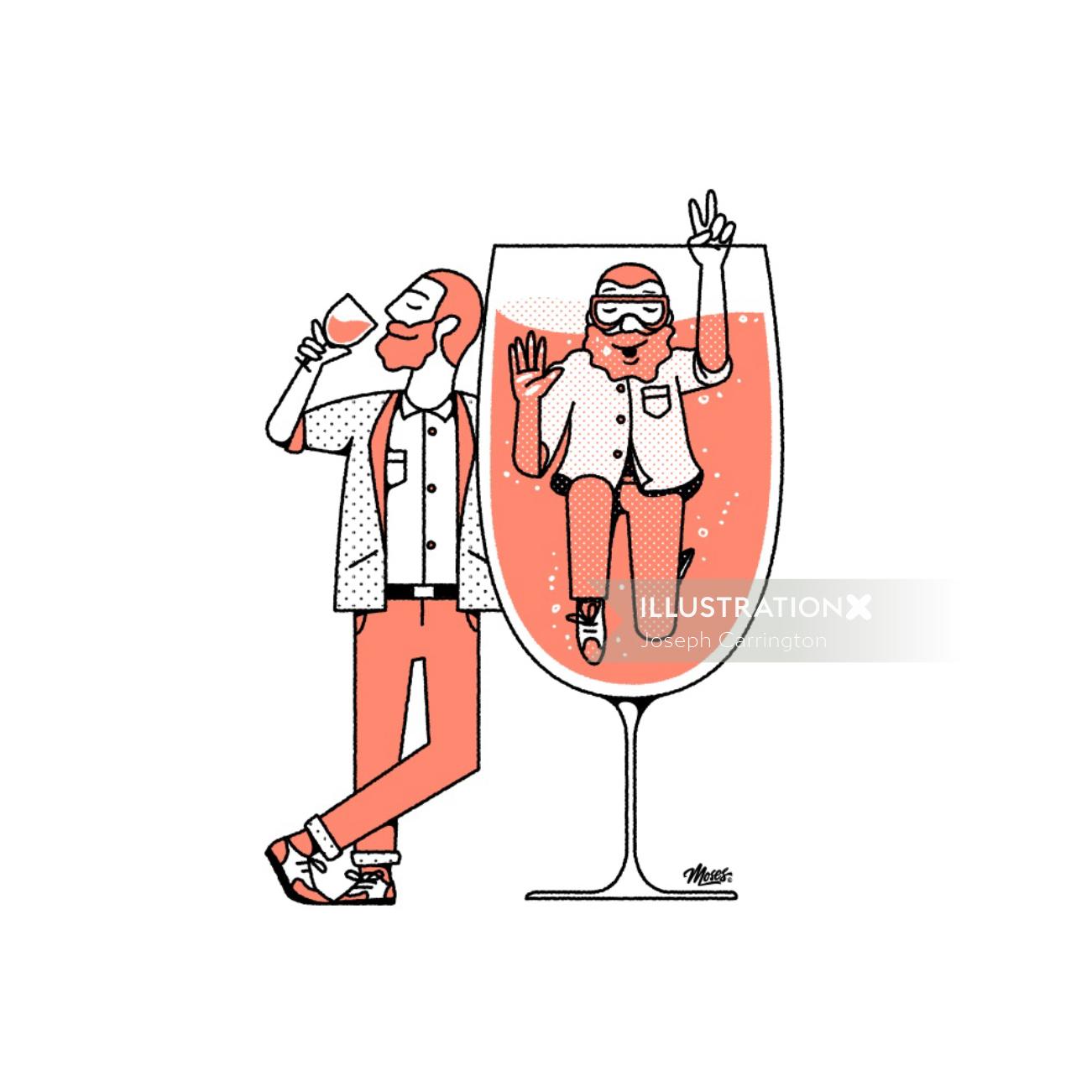 Homem de desenho animado e humor bebendo vinho