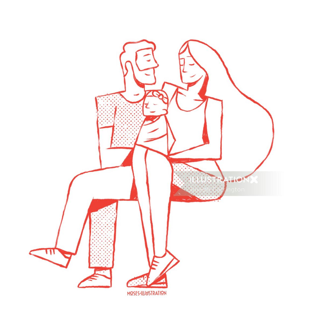 Line art of couple with child
