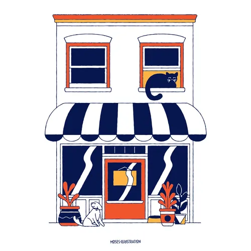 Graphic of dog outside shop
