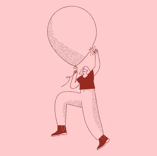 People woman blasting balloon
