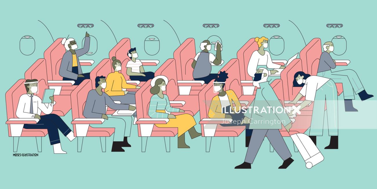 Graphic people sitting in aeroplane