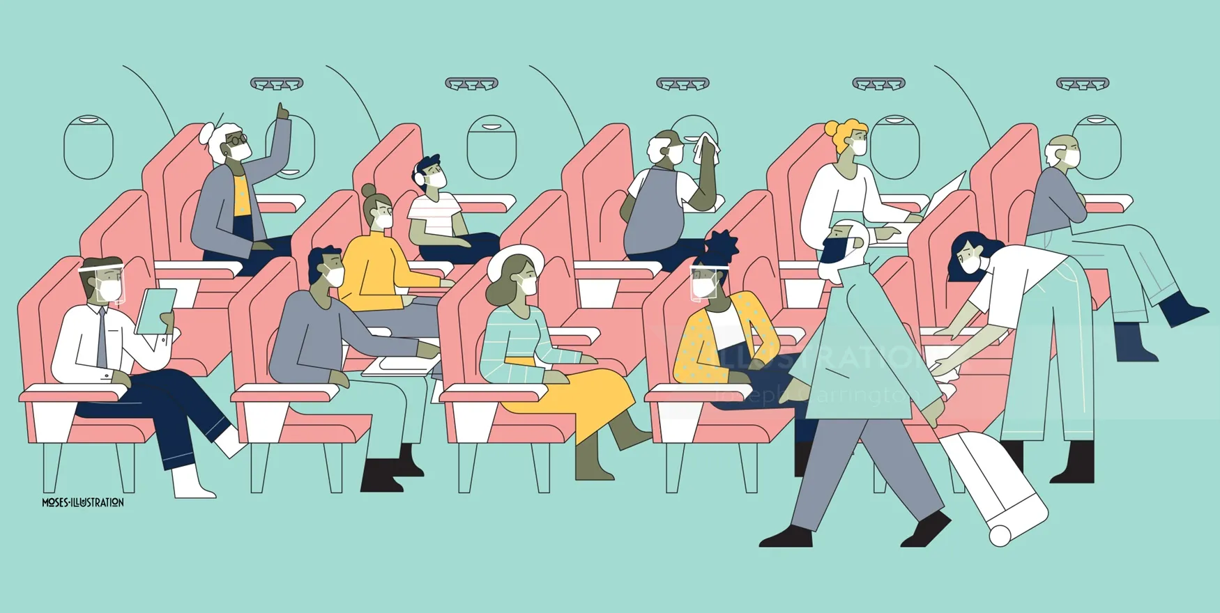 Graphic people sitting in aeroplane