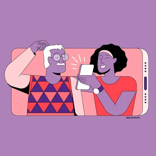 Graphic young man showing mobile