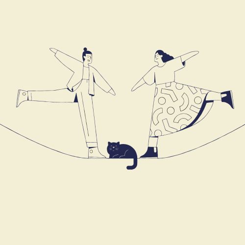 Graphic couple with pet dancing on rope