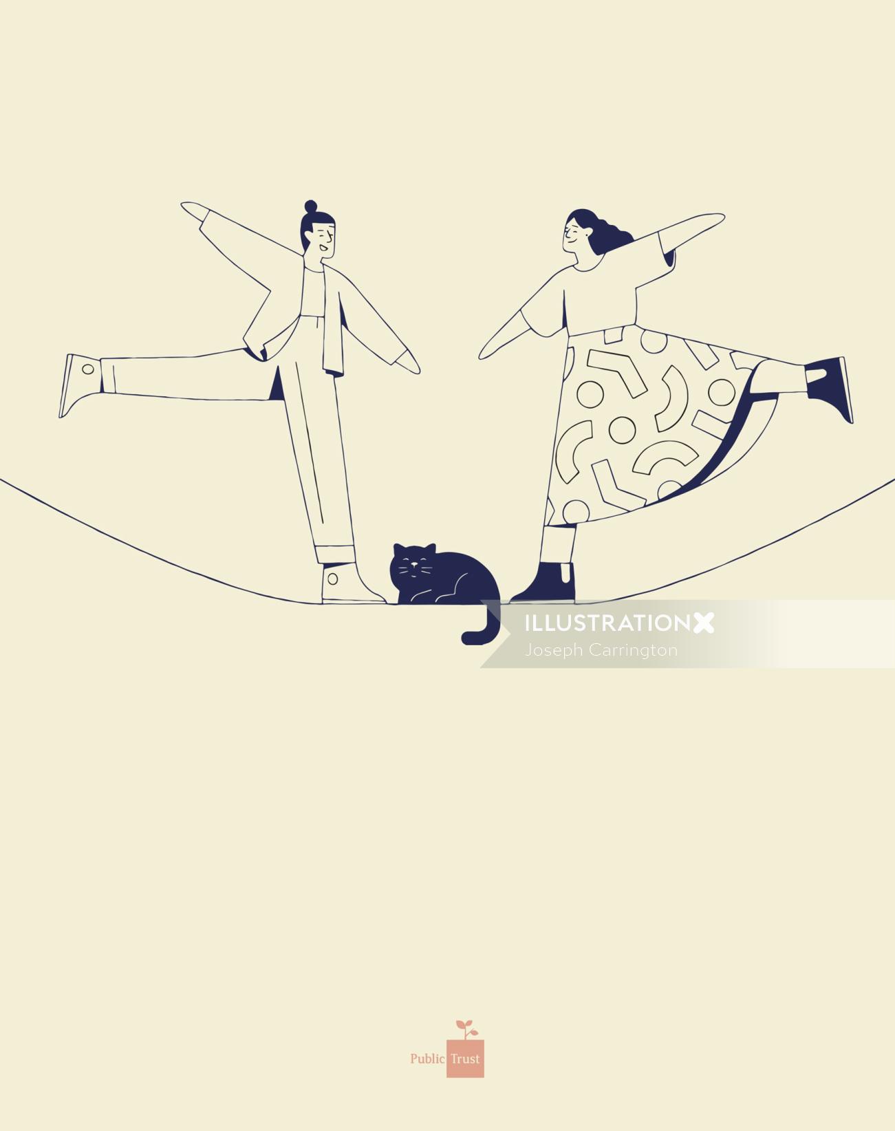 Graphic couple with pet dancing on rope