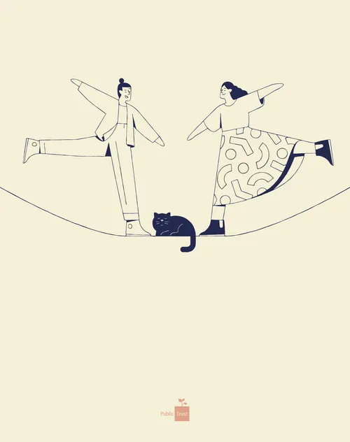 Graphic couple with pet dancing on rope