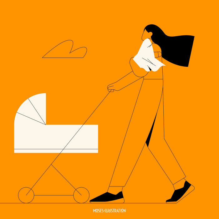 Graphic woman with baby trolley