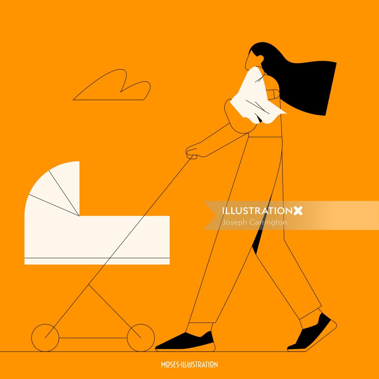 Mulher gráfica com carrinho de bebê