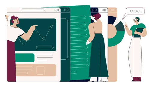 People interacting with digital screens and charts by Joseph Carrington