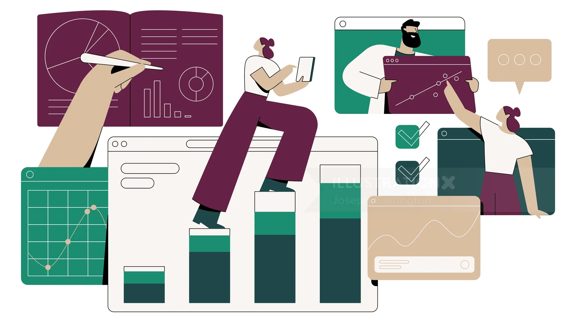 People collaborating on data visualizations and charts illustration by Joseph Carrington