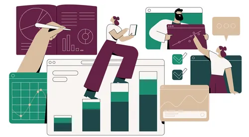 People collaborating on data visualizations and charts illustration by Joseph Carrington