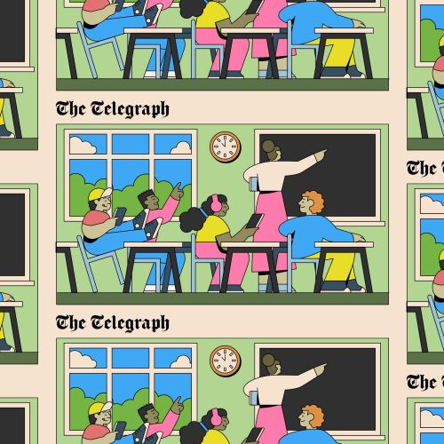 Illustration of classroom scene with teacher and students by Joseph Carrington