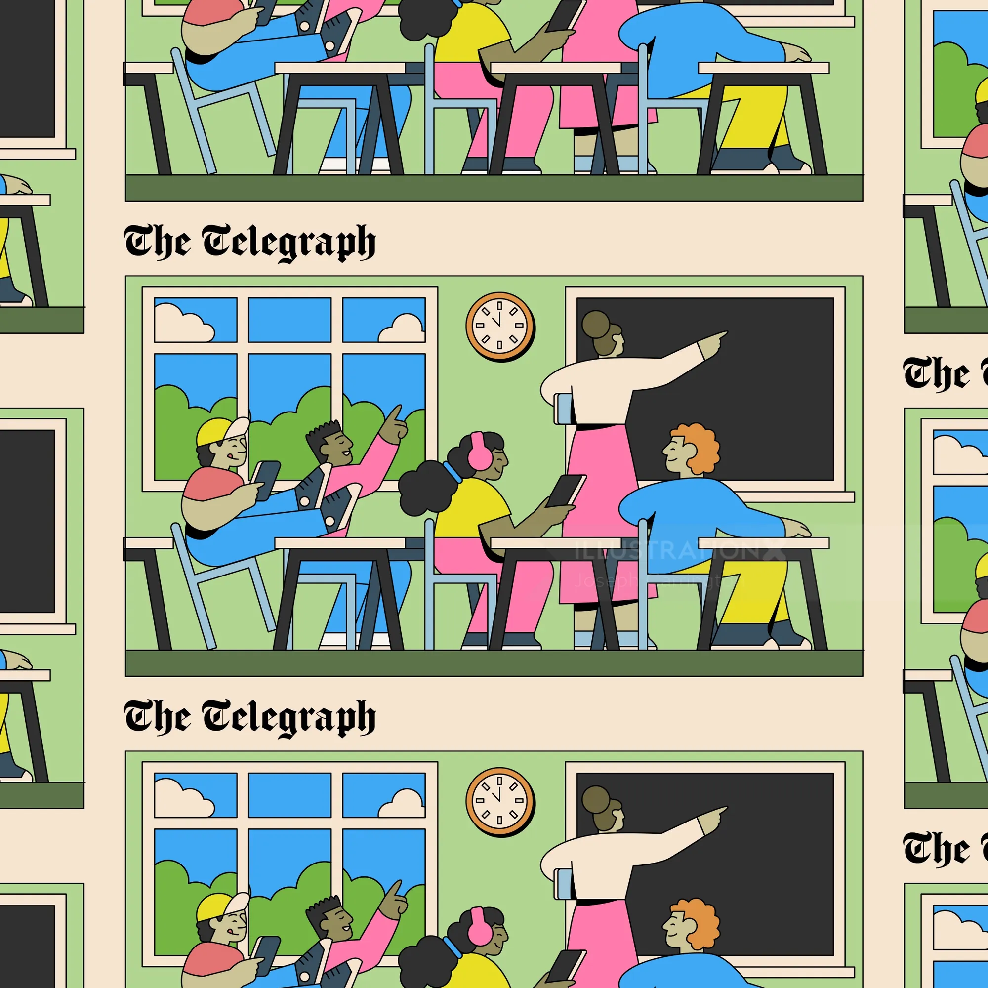 Illustration of classroom scene with teacher and students by Joseph Carrington