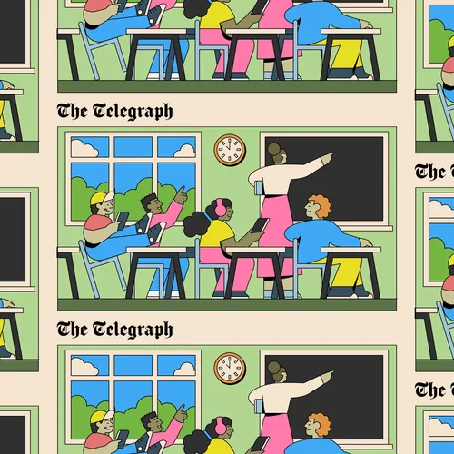 Illustration of classroom scene with teacher and students by Joseph Carrington
