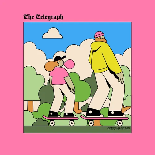 Two people skateboarding in a park wearing casual clothes by Joseph Carrington