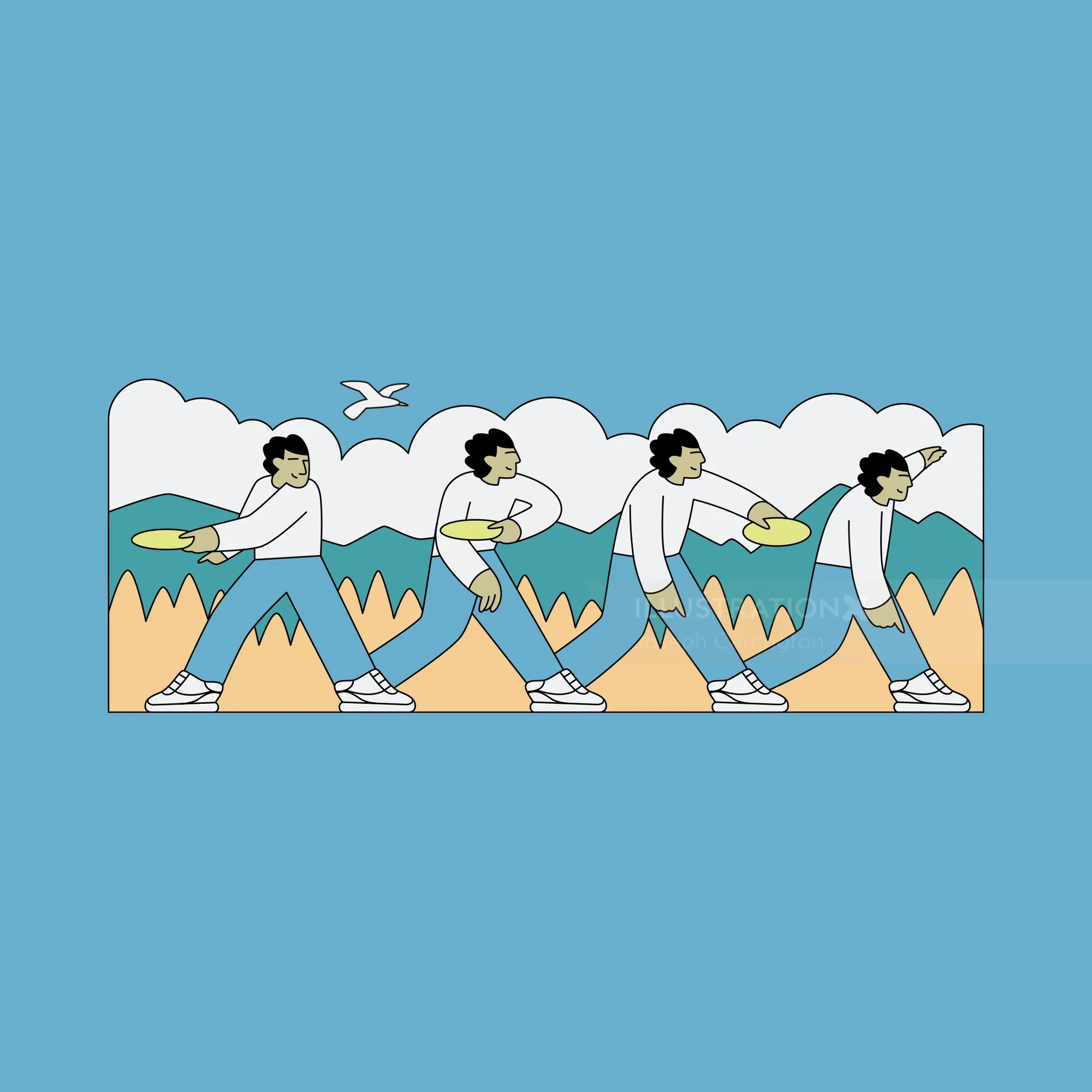 Man throwing disc in sequence with bird and mountains by Joseph Carrington