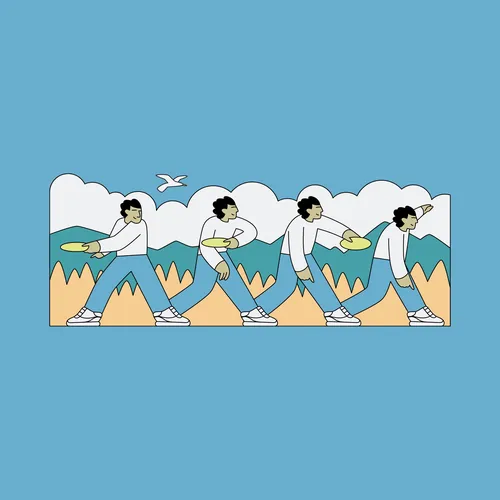 Man throwing disc in sequence with bird and mountains by Joseph Carrington