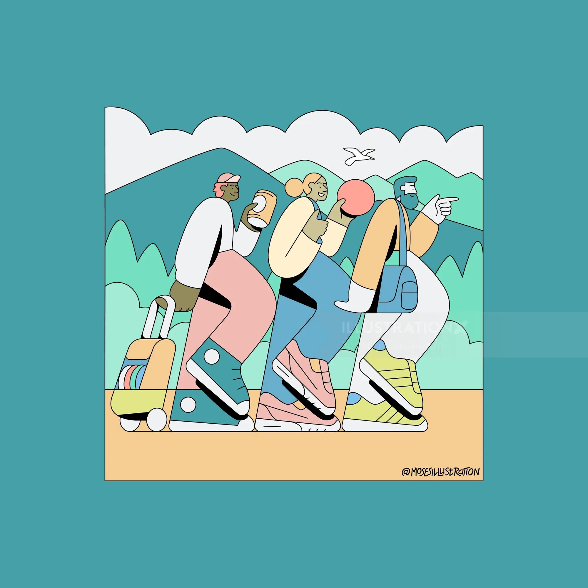 Stylized illustration of three hikers walking with luggage by Joseph Carrington