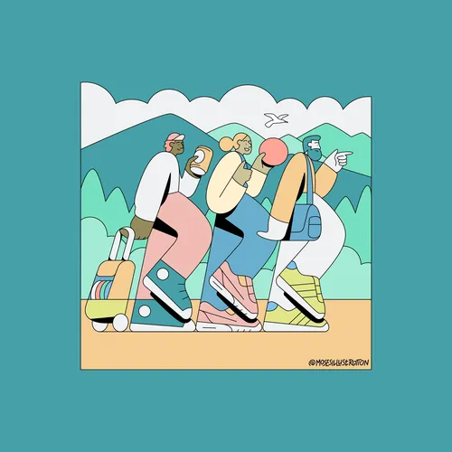 Stylized illustration of three hikers walking with luggage by Joseph Carrington