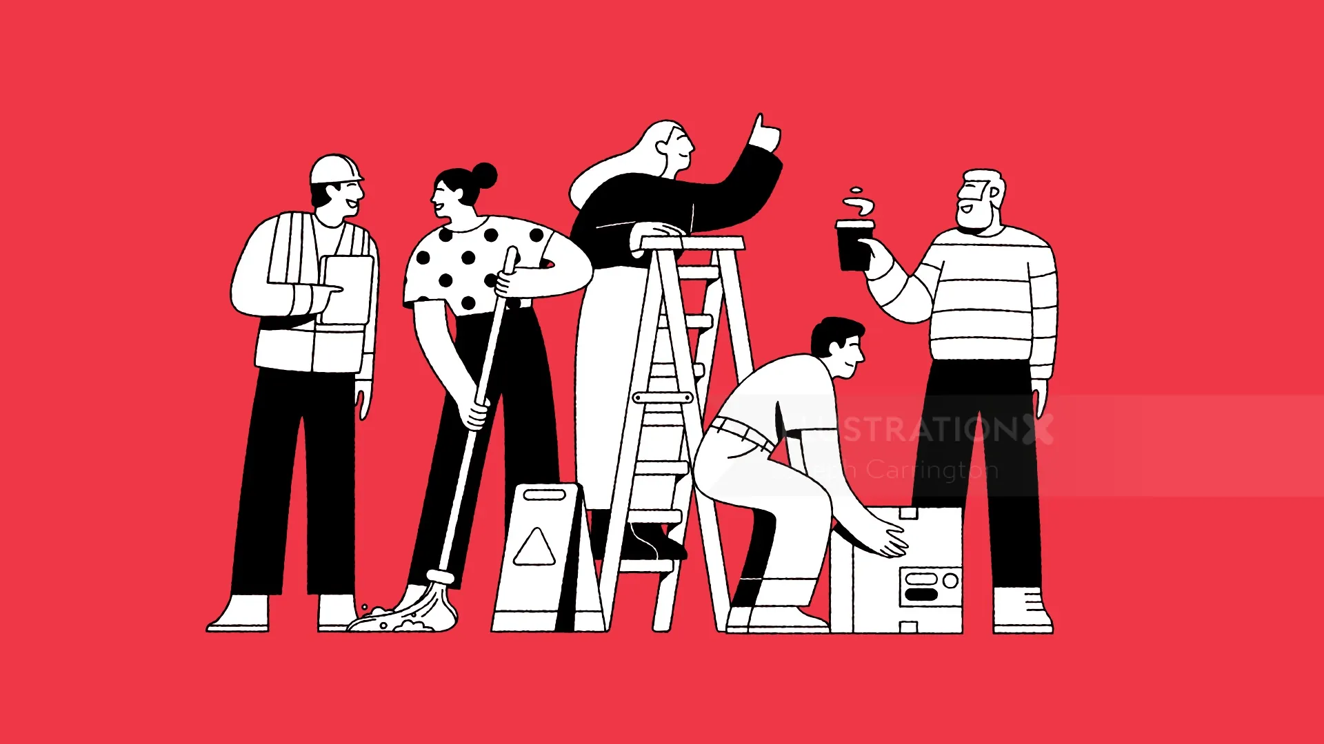 Group of people cleaning and socializing by Joseph Carrington