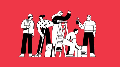Group of people cleaning and socializing by Joseph Carrington