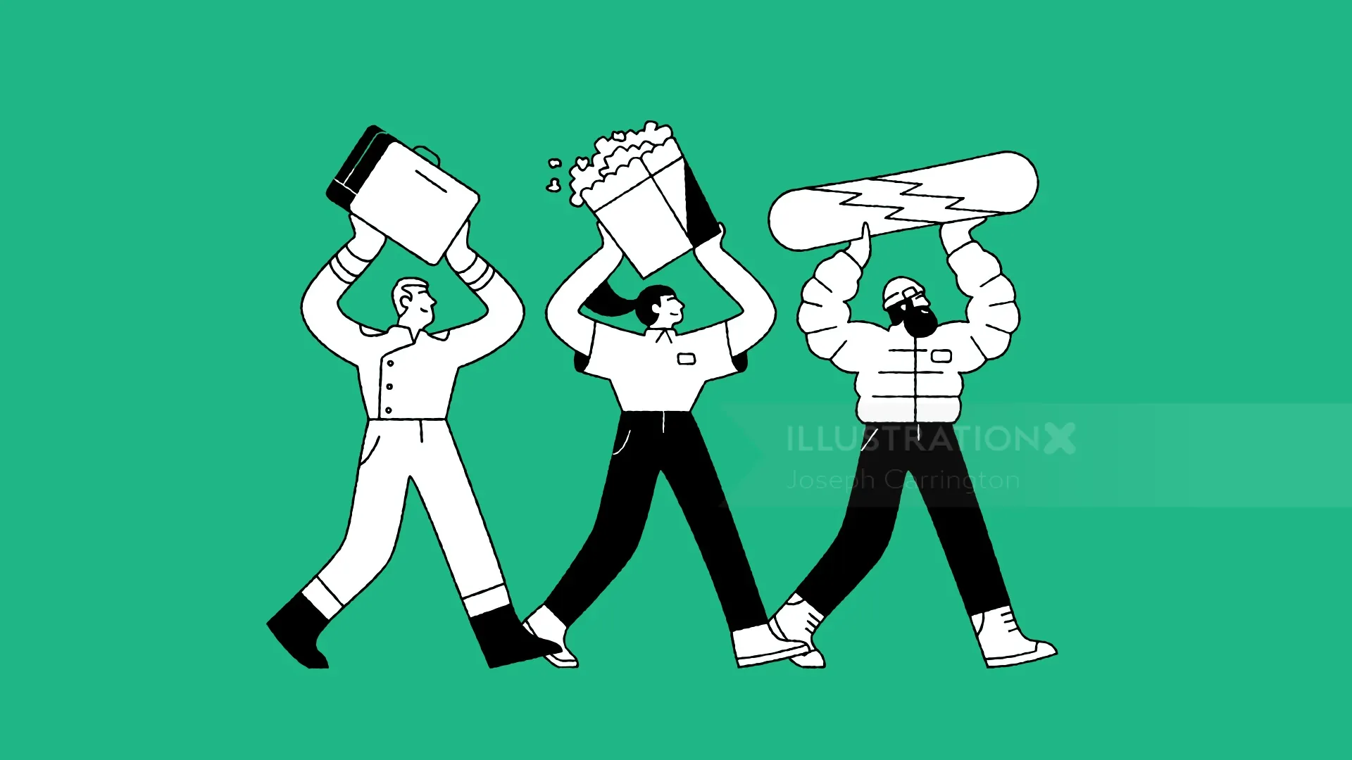 Three people holding oversized objects like a box, popcorn, and lightning bolt illustration by Josep