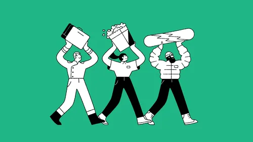 Three people holding oversized objects like a box, popcorn, and lightning bolt illustration by Josep