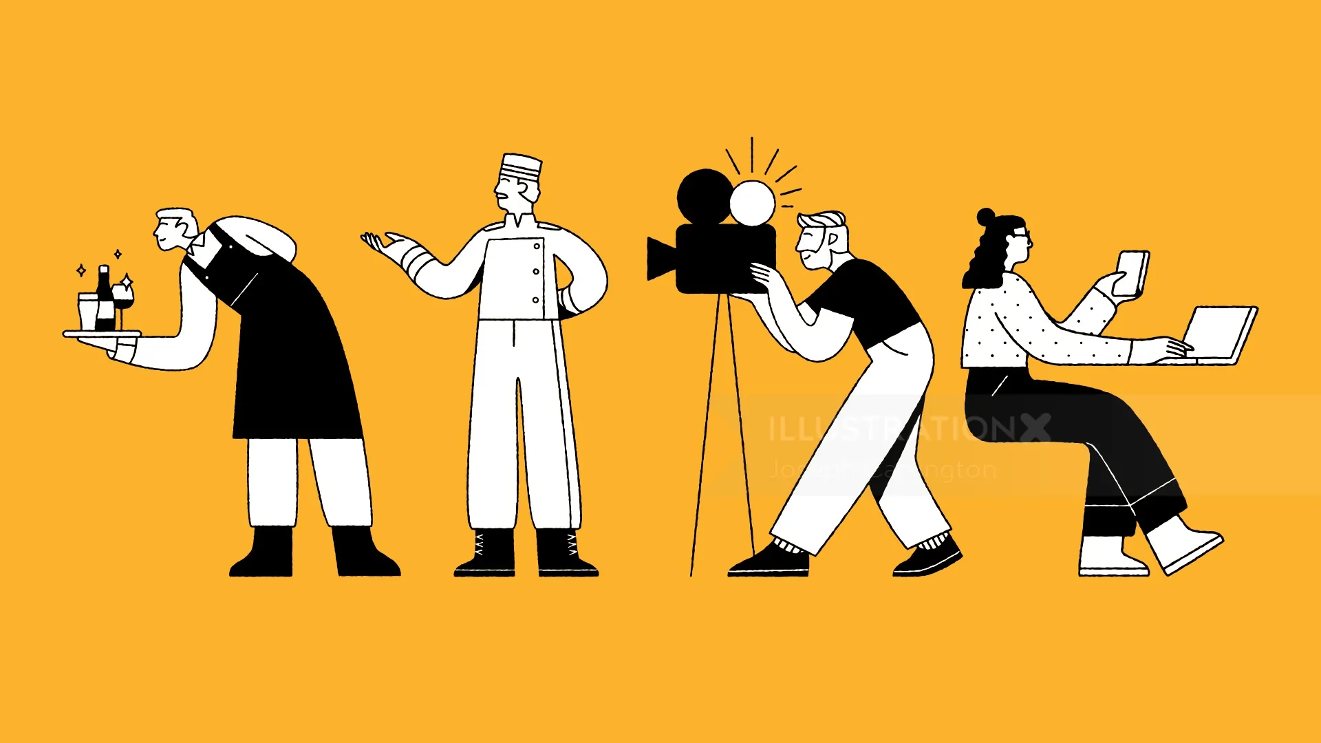 Illustration of four diverse people working in different roles by Joseph Carrington