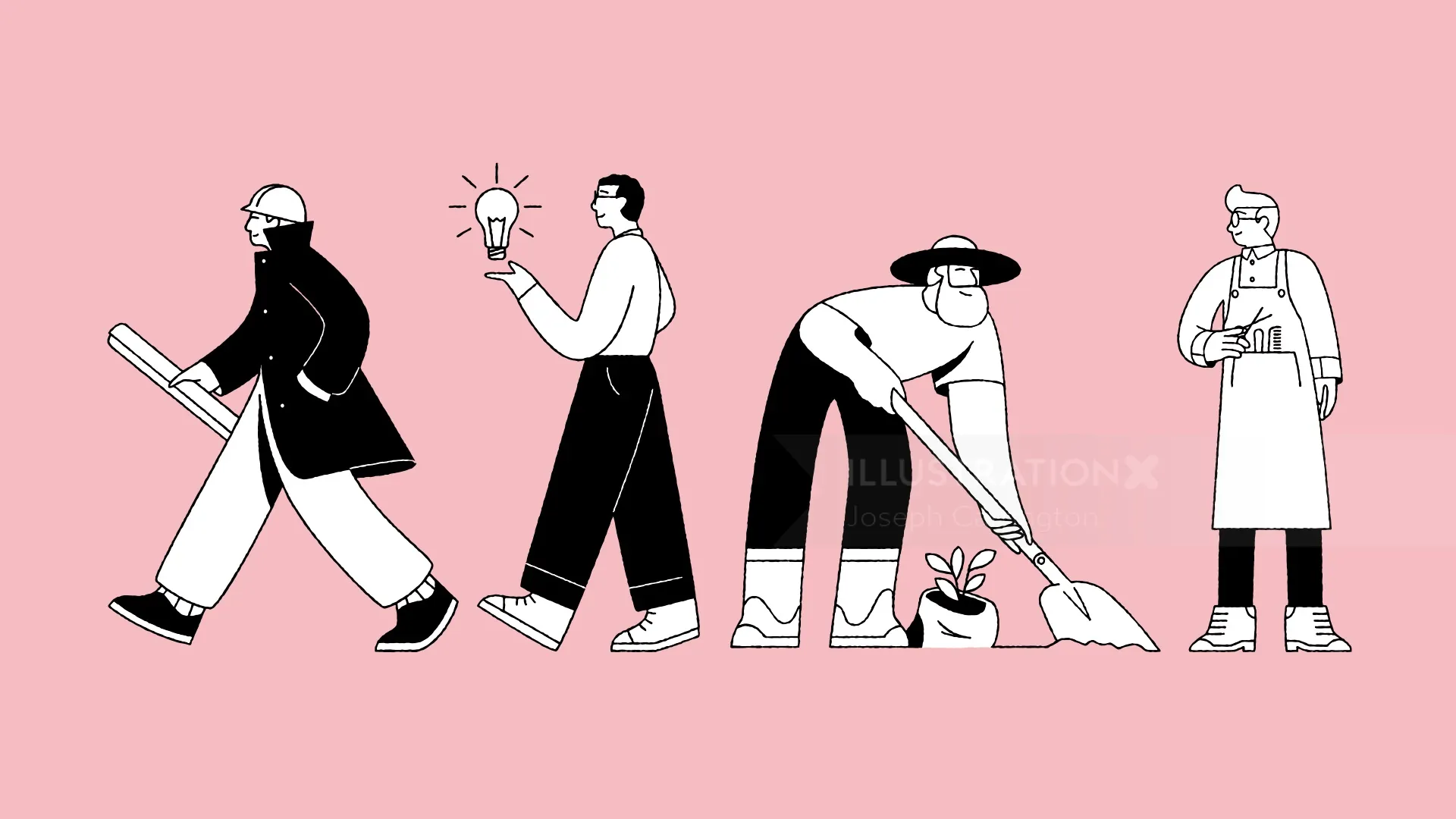 Minimalist illustration of four diverse people in different poses by Joseph Carrington