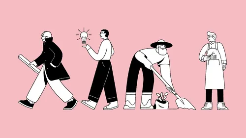 Minimalist illustration of four diverse people in different poses by Joseph Carrington