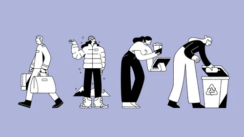 Illustration by Joseph Carrington showing people practicing eco-friendly behaviors