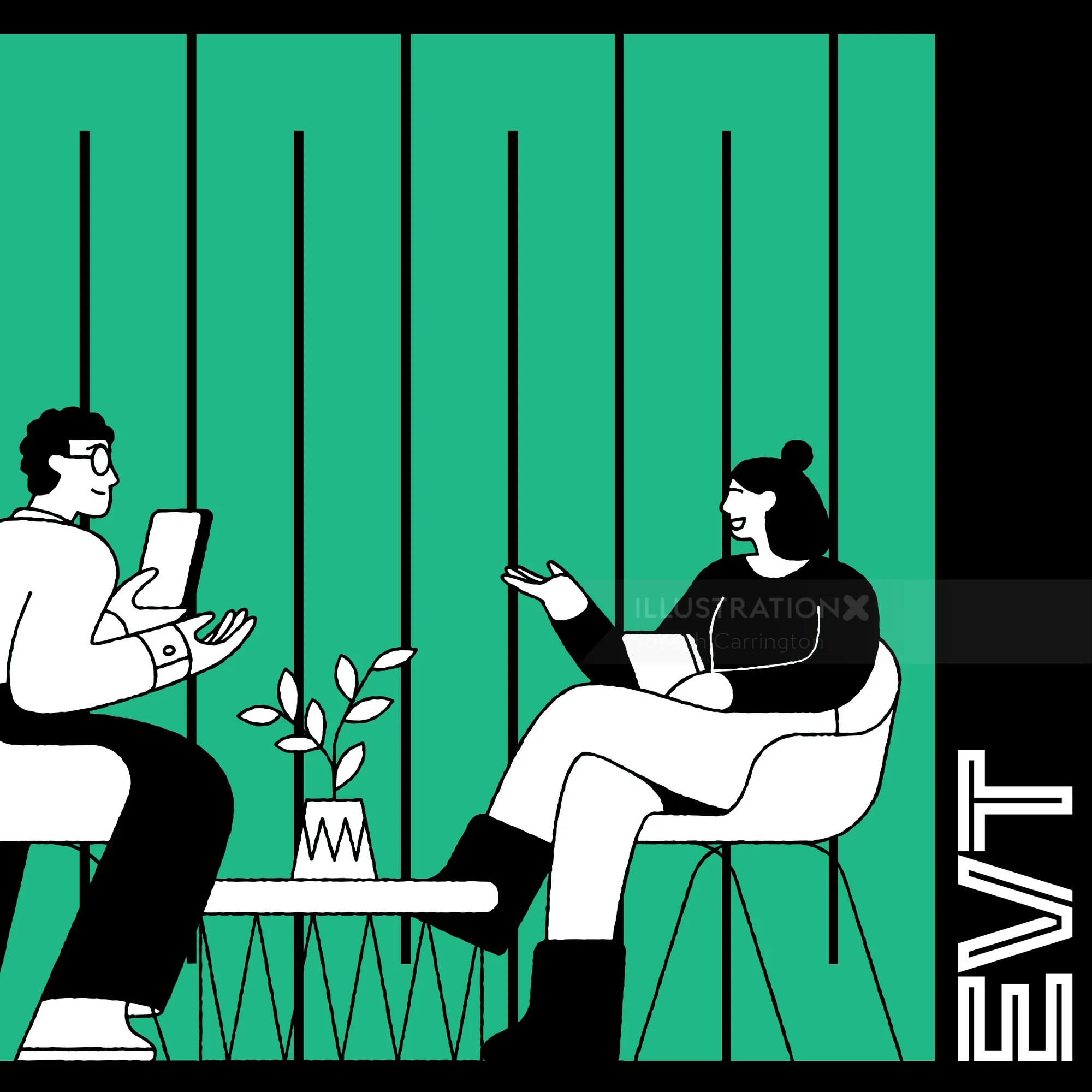Two people talking indoors near a table with a plant by Joseph Carrington