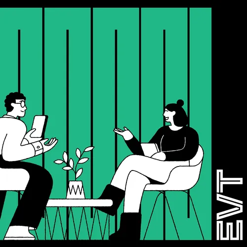 Two people talking indoors near a table with a plant by Joseph Carrington
