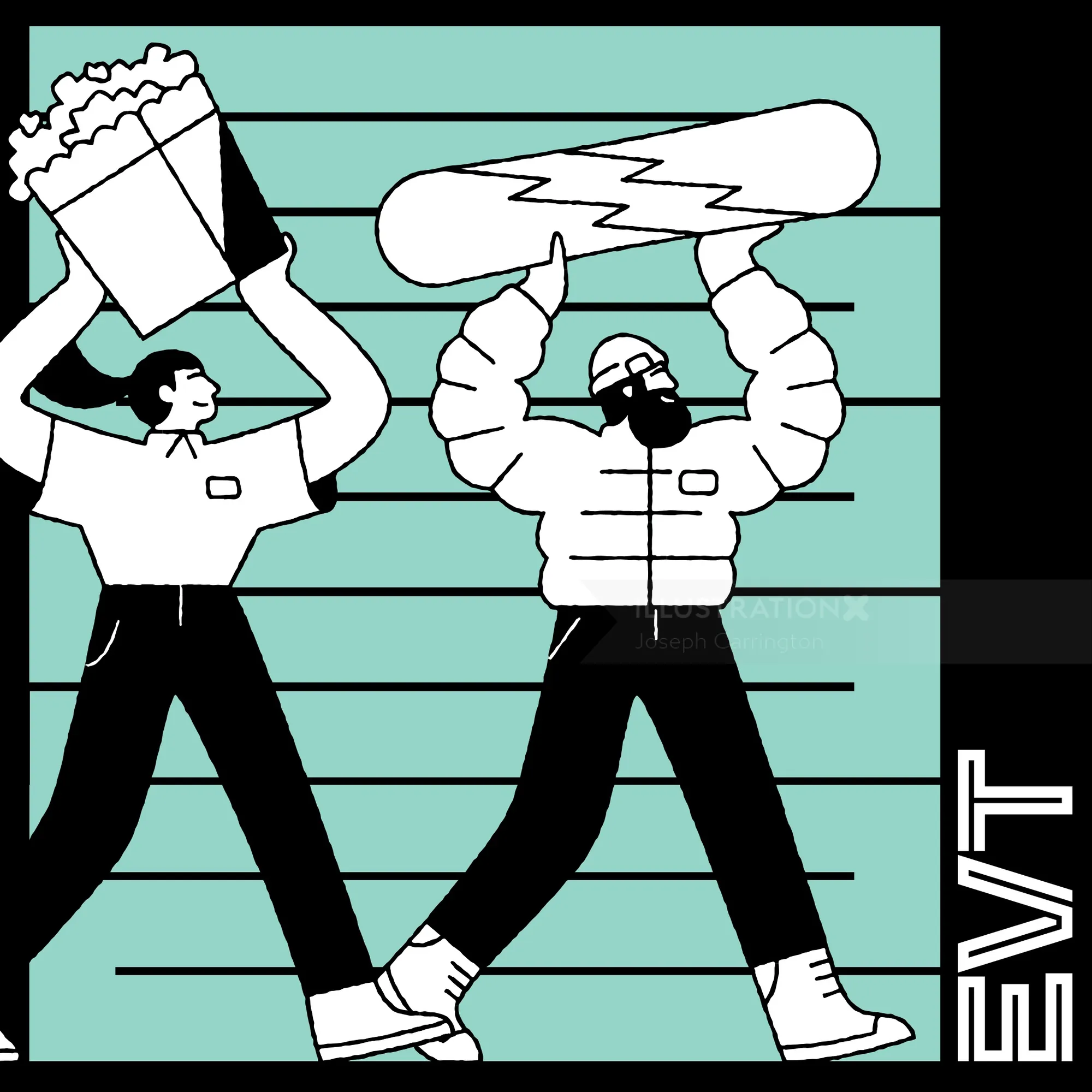 Two people holding giant popcorn and hotdog, artwork by Joseph Carrington