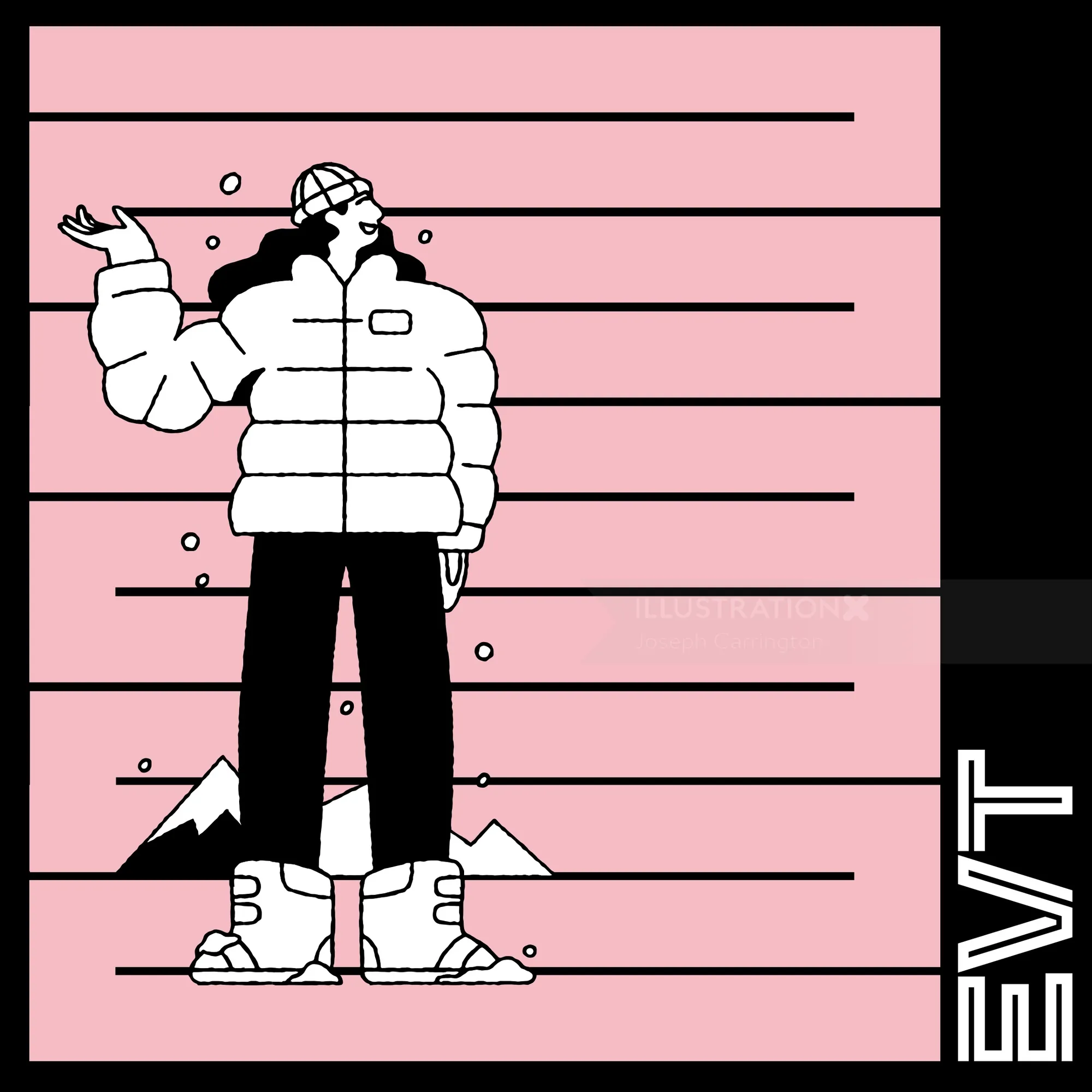 Illustration of person in winter outfit with jacket and hat by Joseph Carrington