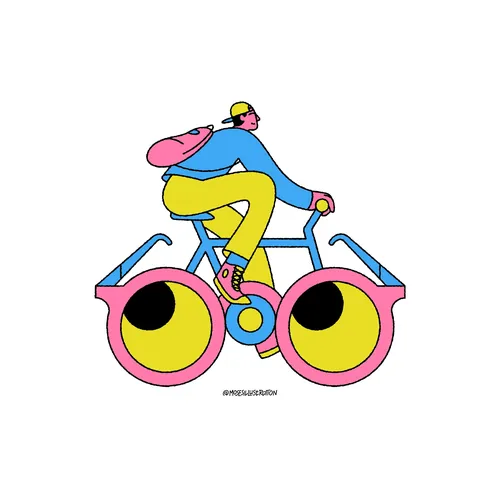 Colorful illustration of cyclist on bicycle with eye-shaped wheels by Joseph Carrington