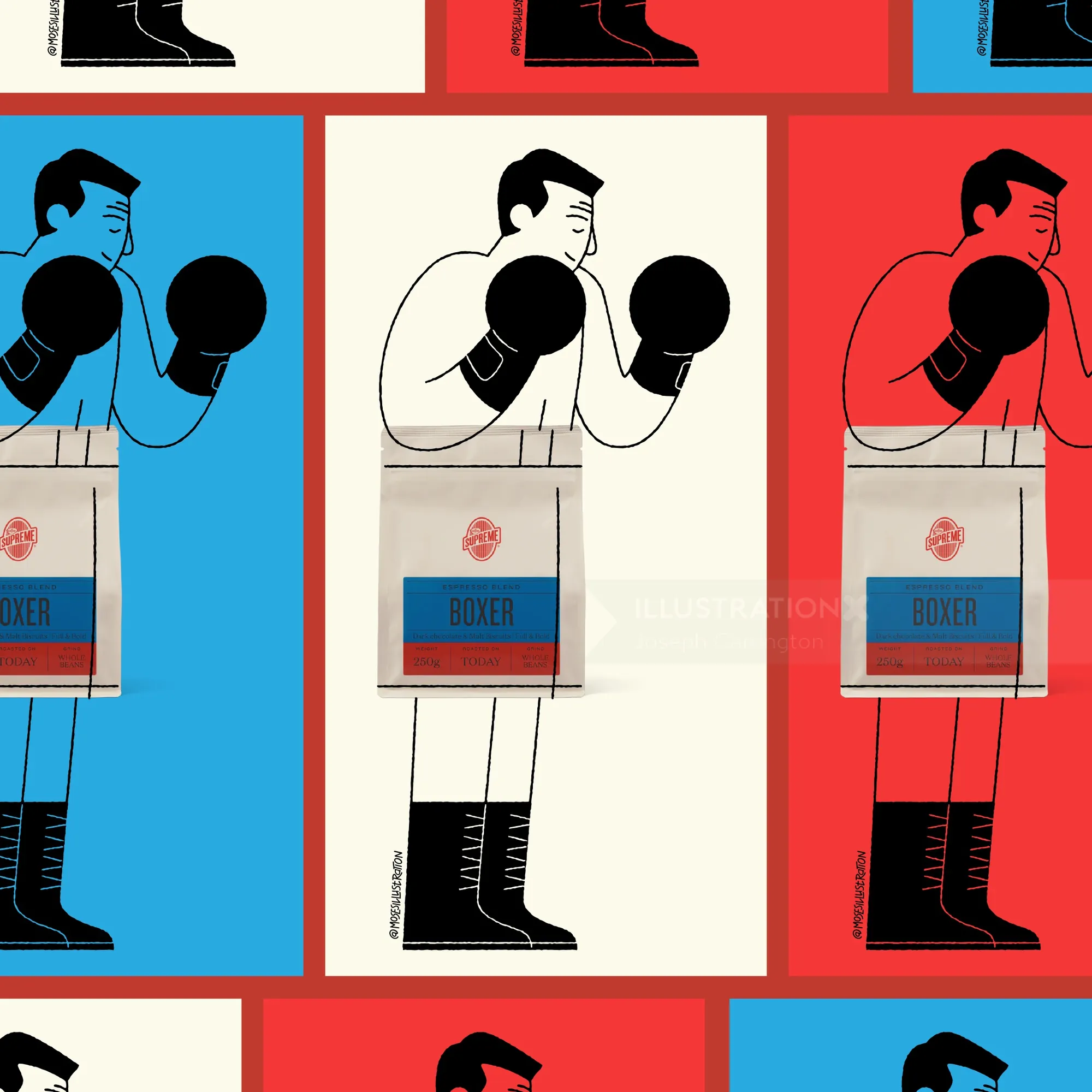 Boxer illustration with gloves and shorts in red, blue, and white by Joseph Carrington