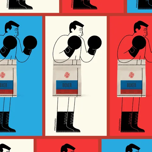 Boxer illustration with gloves and shorts in red, blue, and white by Joseph Carrington