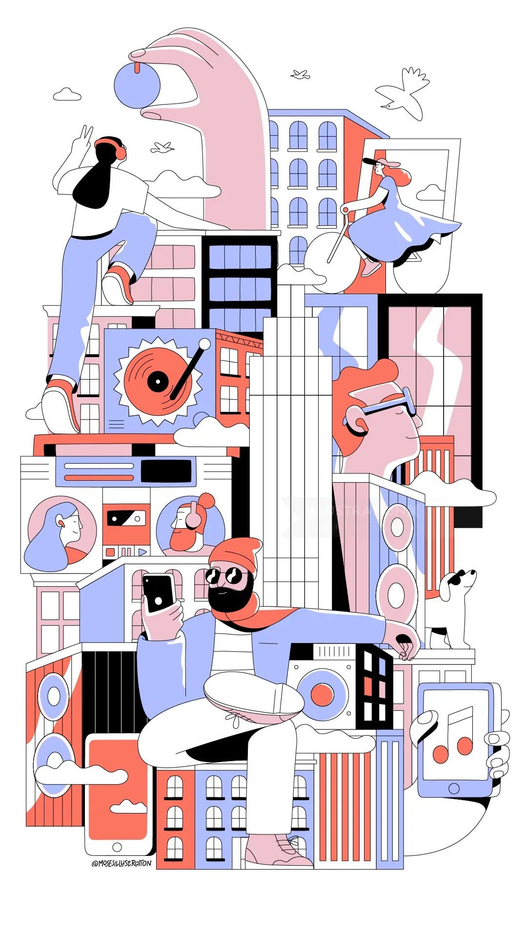 Music mural with people, instruments, and cityscape by Joseph Carrington
