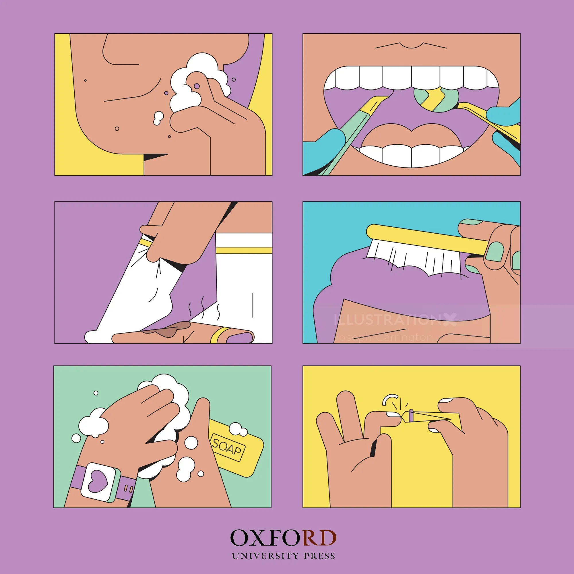 Personal hygiene routine including washing face, brushing teeth, shaving, and hand washing by Joseph