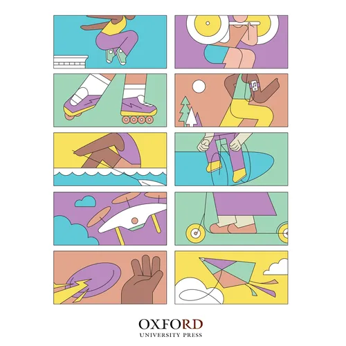 Colorful panels showing roller skating, swimming, and kite flying by Joseph Carrington