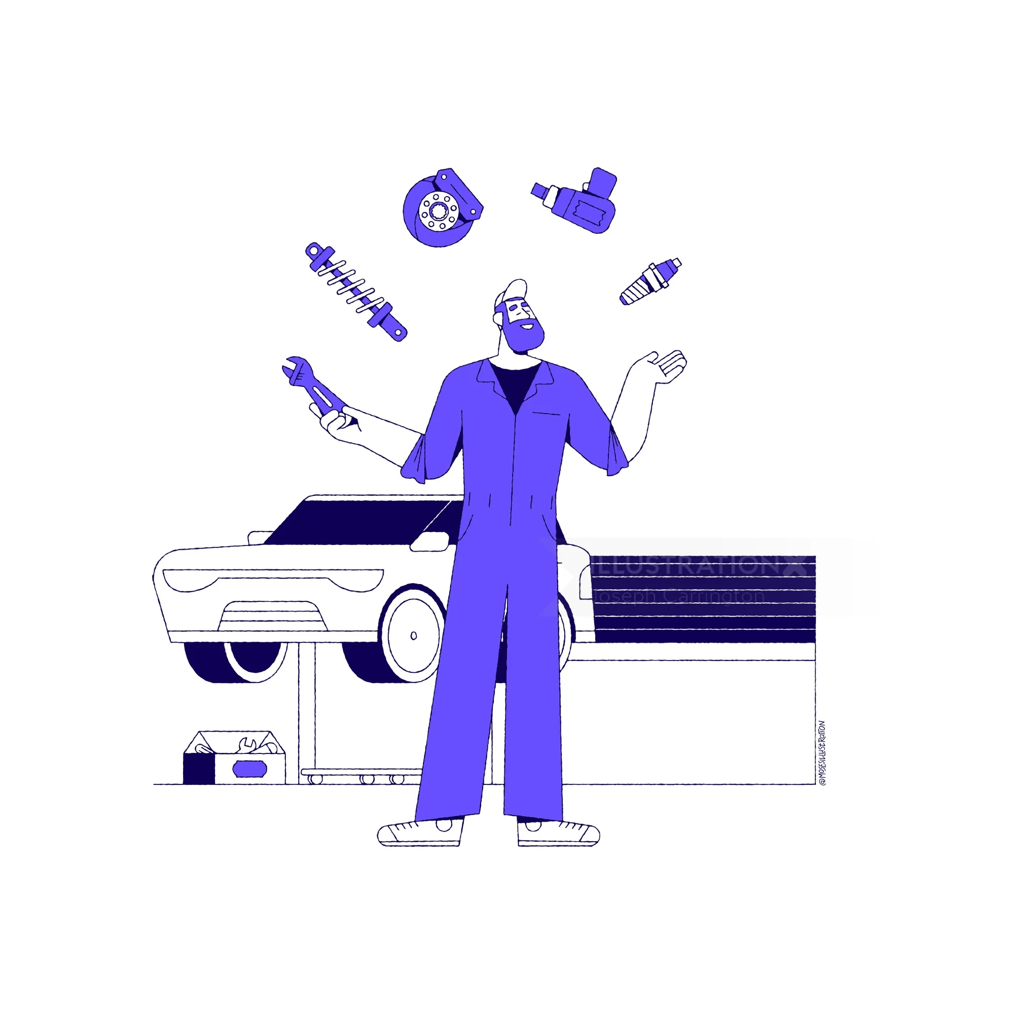 Mechanic inspecting floating car parts near a vehicle by Joseph Carrington