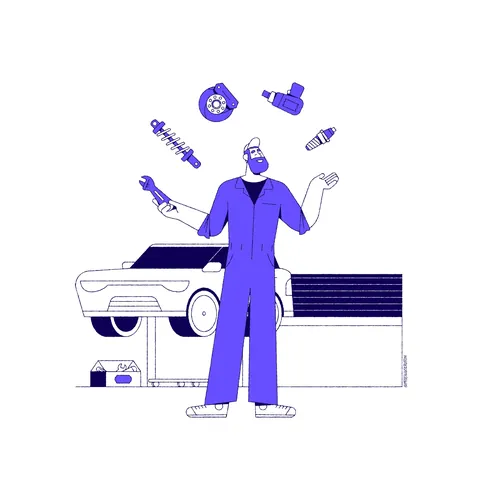 Mechanic inspecting floating car parts near a vehicle by Joseph Carrington