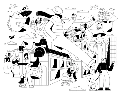 Abstract black and white community scene illustration by Joseph Carrington