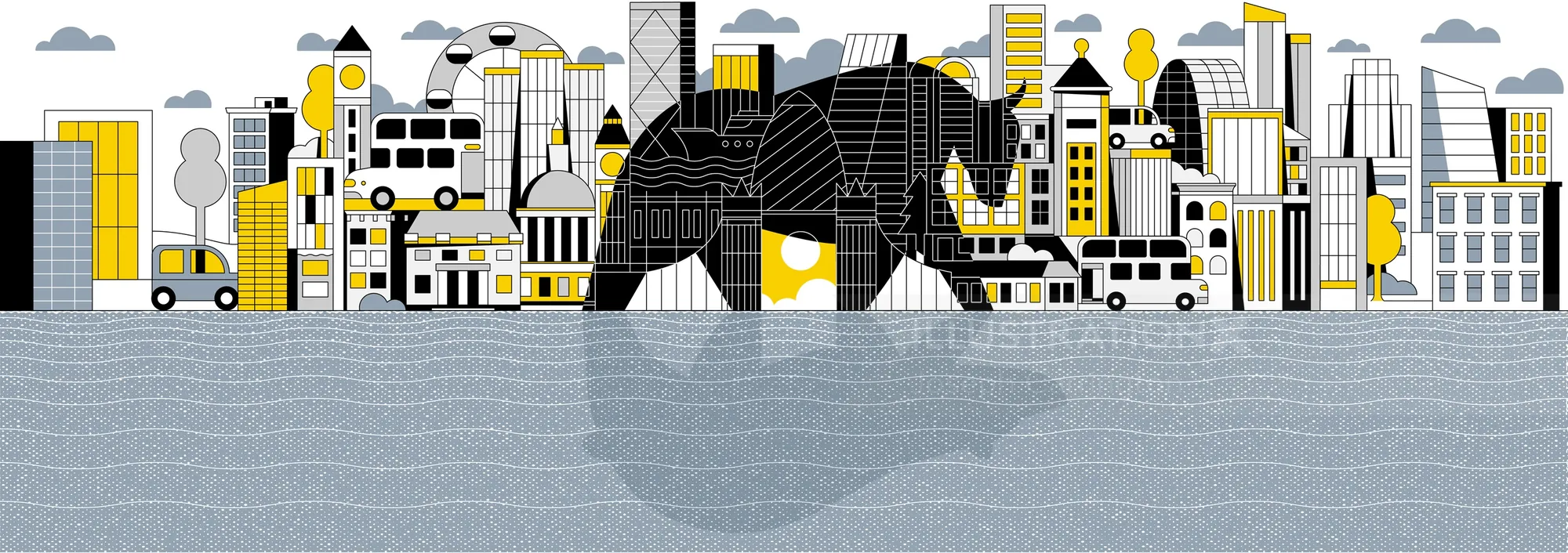 Stylized black elephant walking over city skyline with yellow-gray buildings by Joseph Carrington