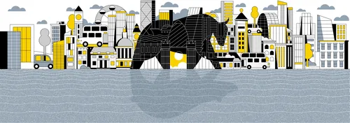 Stylized black elephant walking over city skyline with yellow-gray buildings by Joseph Carrington