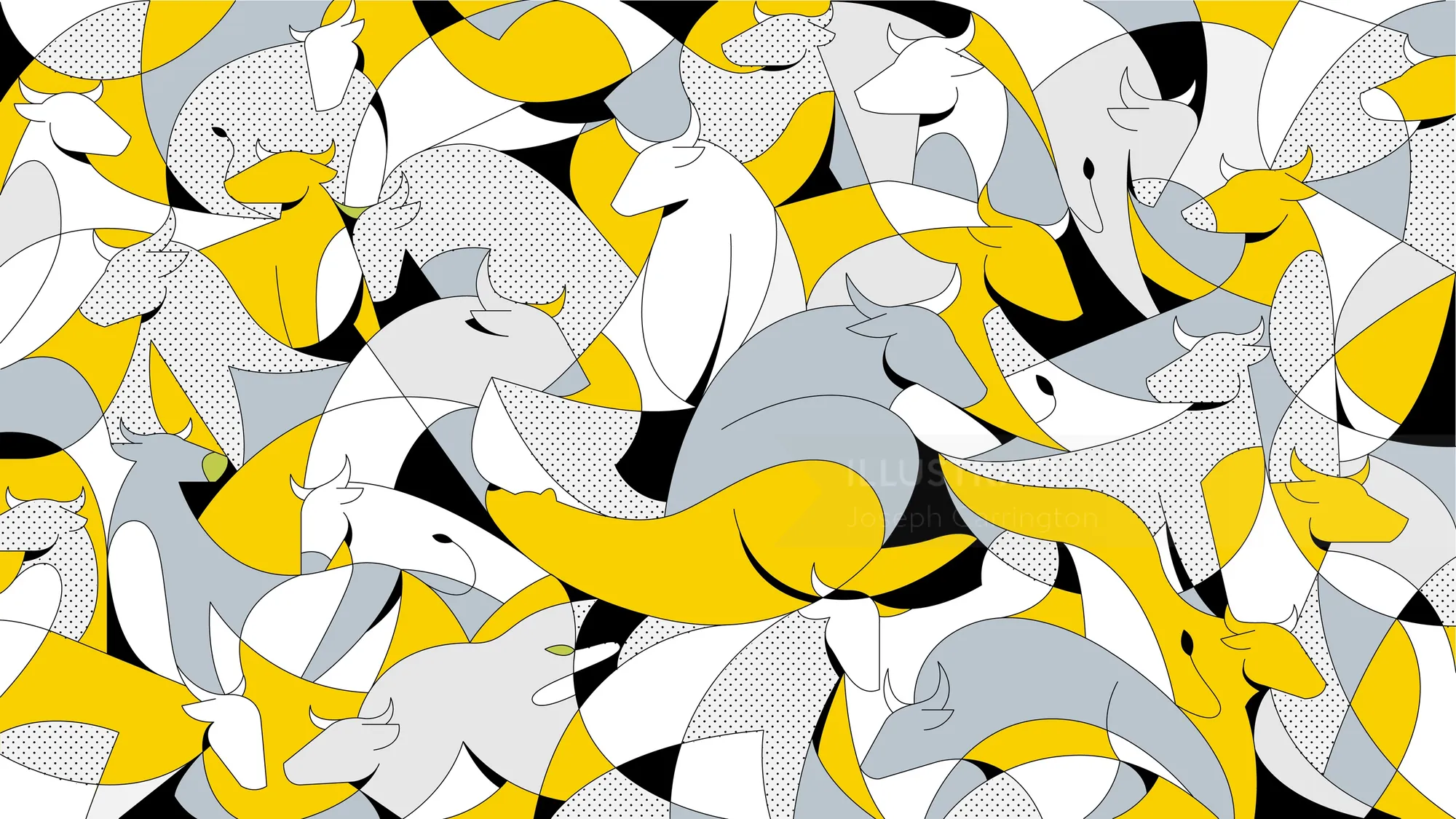 Abstract geometric birds pattern in white, yellow, gray, and black by Joseph Carrington